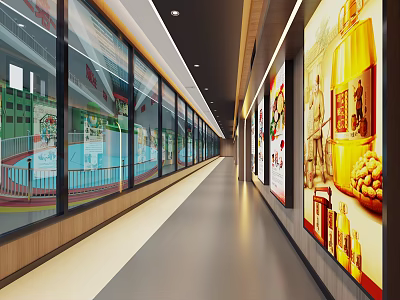 Elevator Hallway With Large Windows Swimming Pool View And Food Beverage Billboards 3d model