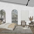Modern Bedroom Interior With Arched Windows Trees Outside Bed Chairs And Rug