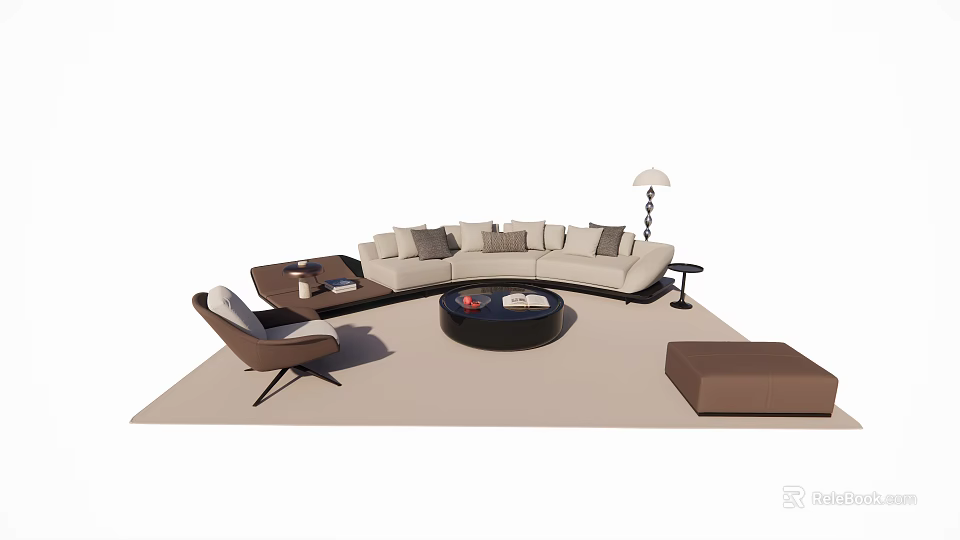 Light Colored Large Sectional Sofa With Round Coffee Table Single Chair And Floor Lamp 3d model