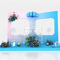 Welcome Home Decor Setup With Blue Pink Backdrop Gift Boxes And Flowers 3d model