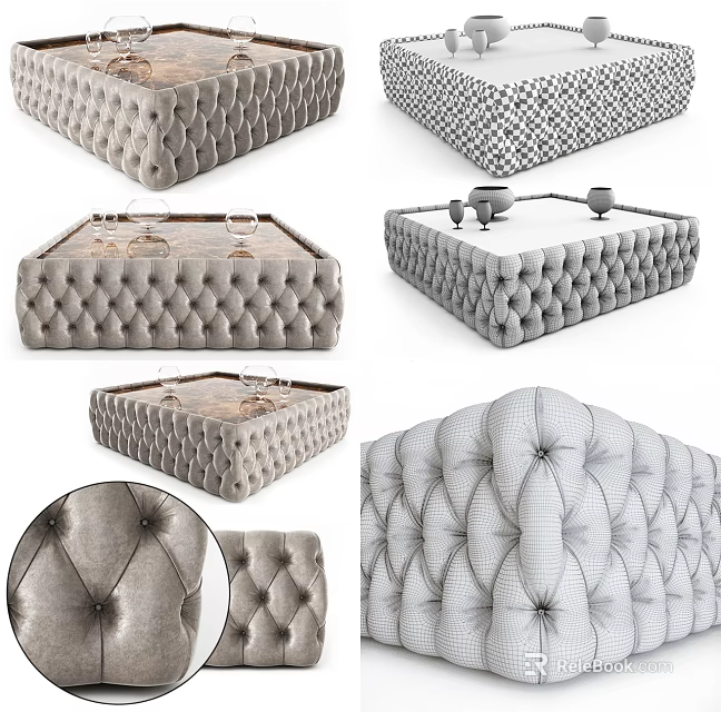 Stylish Tufted Coffee Tables with Glass Top and Patterned Upholstery Designs 3d model 