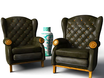 Dark Green Tufted Armchairs With Gold Legs And Blue White Vase 3d model