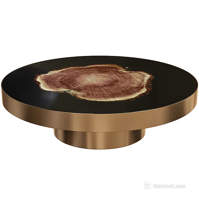 Round Coffee Table With Black Tabletop Tree Stump Cross Section And Gold Metal Base 3d model 