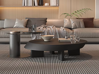 Contemporary Coffee Table In Living Room With Sofa Cushions Bowl Book Glasses Rug And Plant 3d model