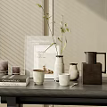 Minimalist Ceramic Tea Set On Wooden Table With Vase Plants Books And Candles