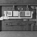 Industrial Pipe System Layout with Valves Control Panels and Fittings on Concrete Wall