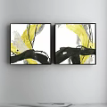 Two Panel Abstract Paintings In Black Frames With Yellow Black White Fluid Brushstrokes 3d model