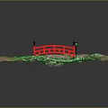 Red Wooden Bridge Over Small Pond With Lily Pads And Green Grass Path