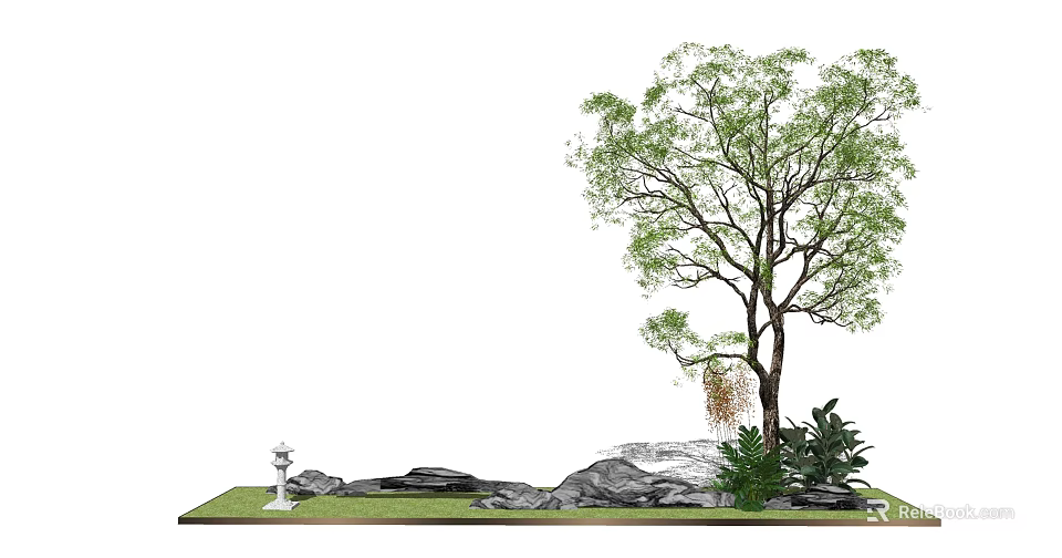 Natural Garden Decor With Green Leafy Tree Rocks Grass And White Statue 3d model 