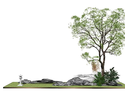 Natural Garden Decor With Green Leafy Tree Rocks Grass And White Statue 3d model