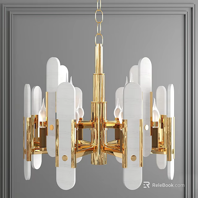 Elegant Modern Golden Chandelier With White Long Panels And Sleek Frame Design 3d model 