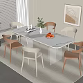 Modern Dining Table Set White Oval with Beige Brown Orange Chairs Green Plant Fruit Bowl