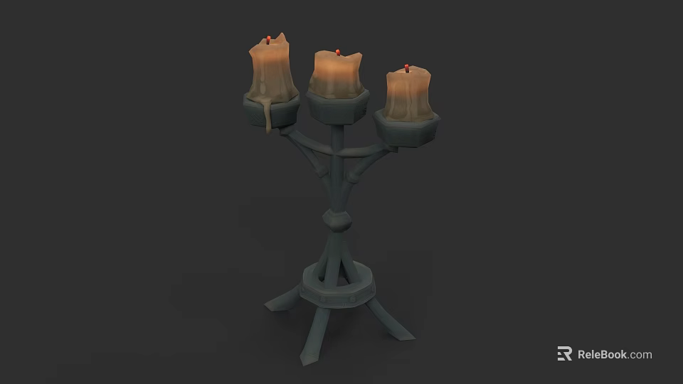 Sculpted Metal Candelabra Design with Three Lit Candles and Wax Drips 3d model 