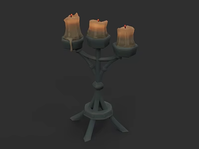 Sculpted Metal Candelabra Design with Three Lit Candles and Wax Drips 3d model