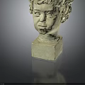 Detailed Plaster Child Head Sculpture With Curly Hair On Square Base Displayed On Dark Background
