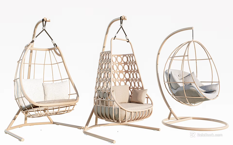 Modern Rattan Hanging Chairs With White Cushions And Stand Design 3d model 