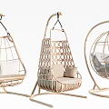 Modern Rattan Hanging Chairs With White Cushions And Stand Design