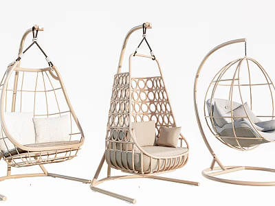 Modern Rattan Hanging Chairs With White Cushions And Stand Design 3d model