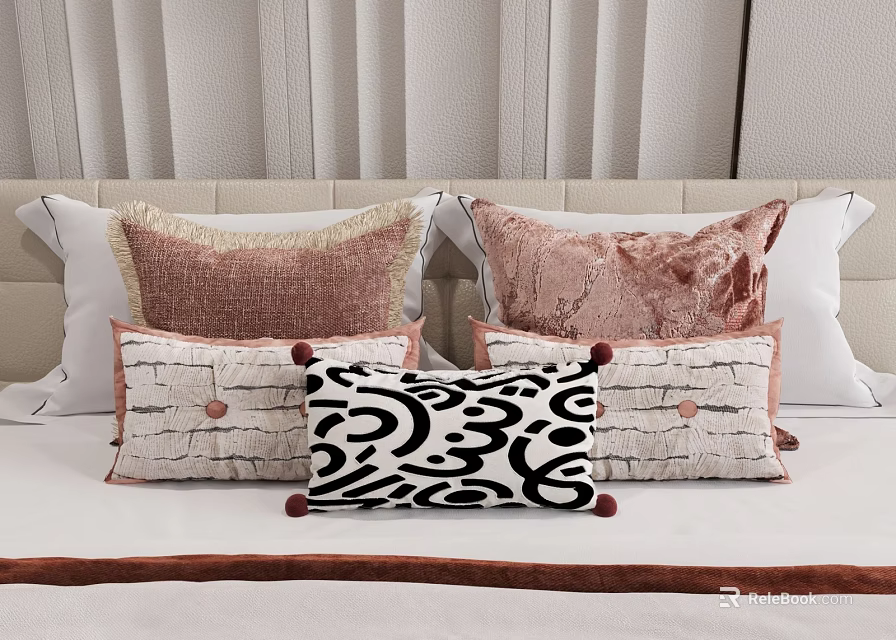 Modern Style Velvet Pillows With Pink Black White Patterns And Tassels On Bed 3d model 