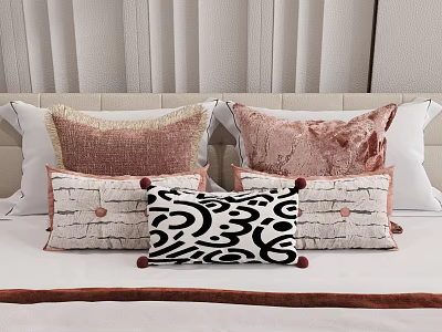 Modern Style Velvet Pillows With Pink Black White Patterns And Tassels On Bed 3d model