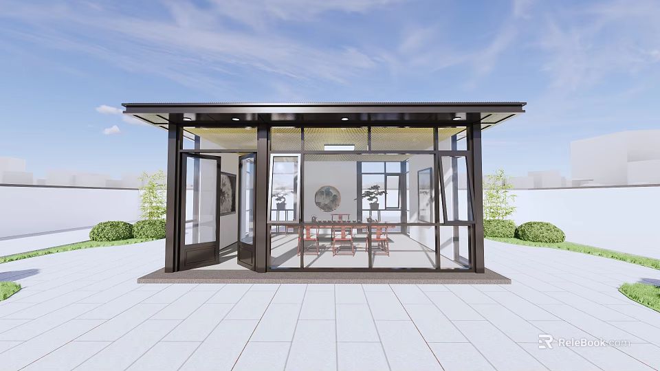 Garden Landscape Featuring Glass Pavilion With Outdoor Seating Area And Green Plants 3d model 