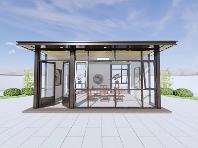 Garden Landscape Featuring Glass Pavilion With Outdoor Seating Area And Green Plants 3d model