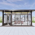 Garden Landscape Featuring Glass Pavilion With Outdoor Seating Area And Green Plants