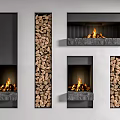 Modern Fireplaces with Burning Fire and Stacked Wood Piles on Minimalist Wall