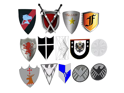 Weapon Themed Shield And Crossed Sword Badge Collection With Diverse Designs 3d model