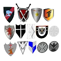 Weapon Themed Shield And Crossed Sword Badge Collection With Diverse Designs