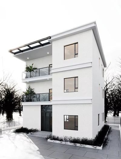 Modern White Three Story House With Balconies Glass Railings And Plants 3d model