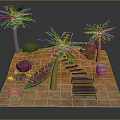 Cartoon Beach Scene With Palm Trees Rocks Small Boat Wooden Dock And Barrels