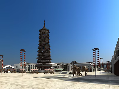 Traditional Multistory Pagoda in Ancient Architectural Complex with Lanterns Open Square and Blue Sky 3d model