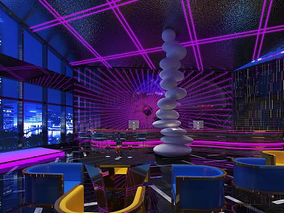 Modern Hotel Lobby With Purple Lighting Spiral Sculpture And Blue Seats 3d model