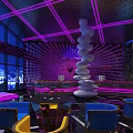 Modern Hotel Lobby With Purple Lighting Spiral Sculpture And Blue Seats