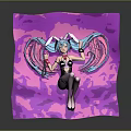 Anime Character With Blue Hair Winged Decorations Black Bodysuit On Purple Background Wielding Weapon