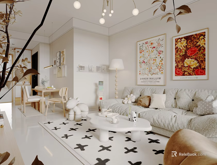 Bright Living Dining Room With White Sofa Floral Paintings And Patterned Rug 3d model 