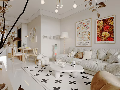 Bright Living Dining Room With White Sofa Floral Paintings And Patterned Rug 3d model