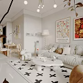 Bright Living Dining Room With White Sofa Floral Paintings And Patterned Rug