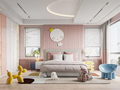 Pink Kids Room Interior with Bed Moon Star Decor and Stuffed Toys 3d model