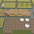 Modern Pergola Design With Curved Wooden Structure Rice Fields And Water Pond