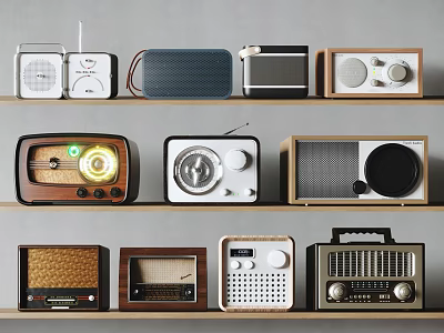 Vintage Audio Equipment Displayed On Shelves With Various Radios And Speakers 3d model