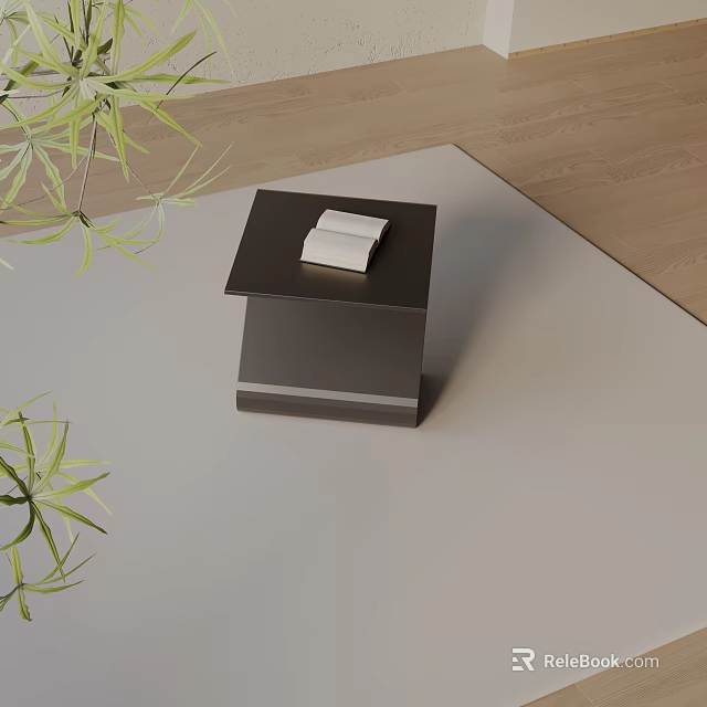 Modern Square Side Table With Stack Of Books On Wooden Floor And Green Leaves 3d model 