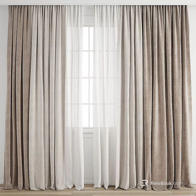 Textured Neutral Curtains With Sheer Panels For Window Natural Light Decoration 3d model 
