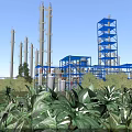 Beautiful Industrial Chemical Plant Scenery With Lush Green Plants Under Bright Cloudless Blue Sky