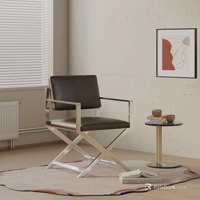 Modern Leather Leisure Chair With Metal Cross Legs In Living Room Interior 3d model 