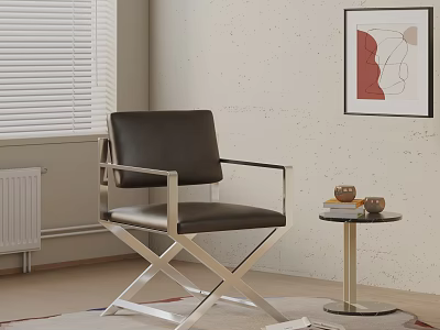 Modern Leather Leisure Chair With Metal Cross Legs In Living Room Interior 3d model