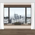 Light Colored Curtains Framing Large Window With City Skyline View