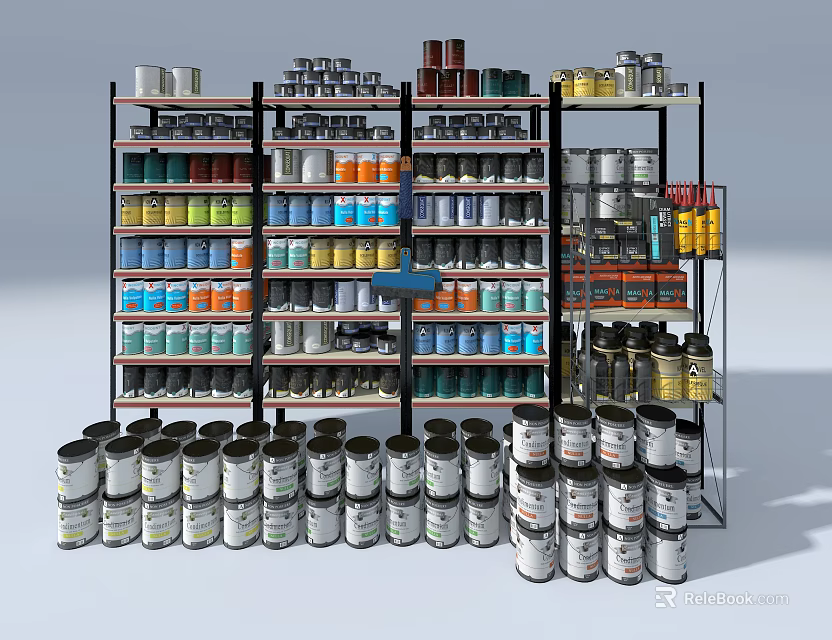 Multi Tier Display Shelves Featuring Various Colored Cans in Retail 3d model 