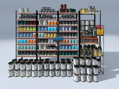 Multi Tier Display Shelves Featuring Various Colored Cans in Retail 3d model